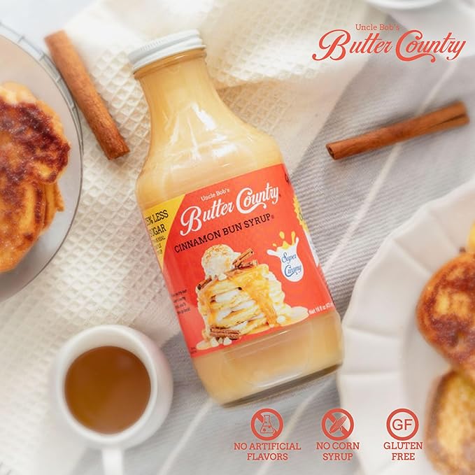 Uncle Bob's Butter Country Rich & Creamy Cinnamon Bun Flavored Buttermilk Syrup for Pancakes, Waffles, French Toast, & More, No Corn Syrup, Gluten Free, 16 fl oz Bottle/2 Pack