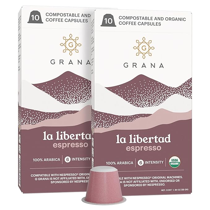 G GRANA Coffee Pods, Compatible with Nespresso OriginalLine, 20 Pack, Medium-Dark Roast, USDA Organic 100% Arabica Single Source Specialty Coffee, Compostable Single Serve Capsules, La Libertad