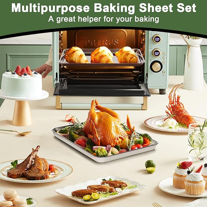 Baking Sheet Tray Cooling Rack with Silicone Mat Set, Stainless Steel Cookie Pan For Oven, Set of 9 (3 Sheets + 3 Racks Mats), Warp Resistant & Heavy Duty Easy Clean, Grey