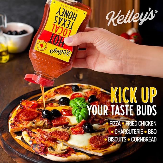 Kelley's Hot Honey, 24 Oz – 100% Unfiltered Raw Honey Infused with Chili Pepper – Rich Flavor for BBQ, Fried Chicken, Pizza, Charcuterie Board, Cornbread