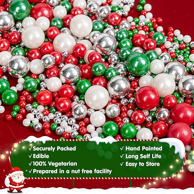Christmas Sprinkles Pearls for Cake Decorating,130g Red Green White and Silver Pearl Mixed,Edible Sugar Holiday sprinkle for Cupcake Toppers, Cookie, Ice Cream Decorations Christmas Party
