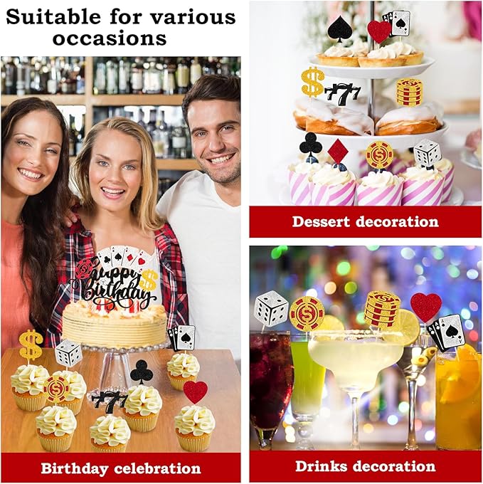 24 PCS Casino Cupcake Toppers Glitter Casino Themed Party Decorations with Chips Dice Las Vegas Night Theme Birthday Party Decorations Supplies