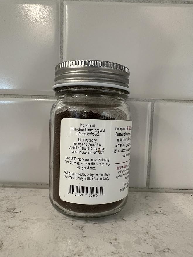 Burlap & Barrel - Ground Black Lime - Tart and Savory Great for Roasted Meats, Veggies, Stews, Kebabs - Great Alternative to Makrut Leaf in Recipies - As seen on Shark Tank - 2.8oz Glass Jar