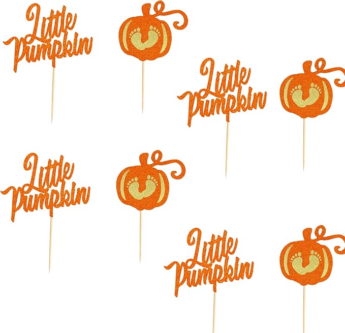 24Pcs Little Pumpkin Cupcake Toppers - Baby Shower Cake Decorations - Baby Feet Pumpkin Cupcake Picks for Thanksgiving Halloween Kids Birthday Party Decorations - Orange Glitter