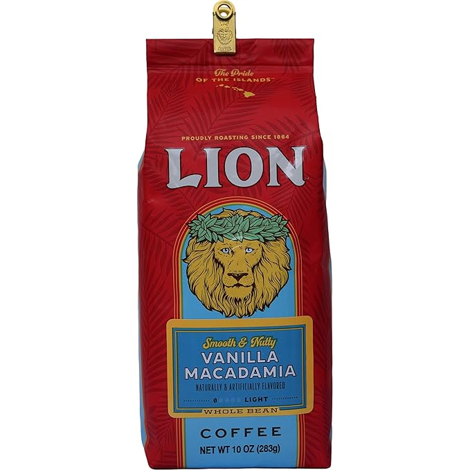 Lion Coffee, Arabica Coffee Beans, Light Roast Whole Bean Coffee, Vanilla Macadamia Flavor, A Taste of Aloha, 10 Ounce Bag