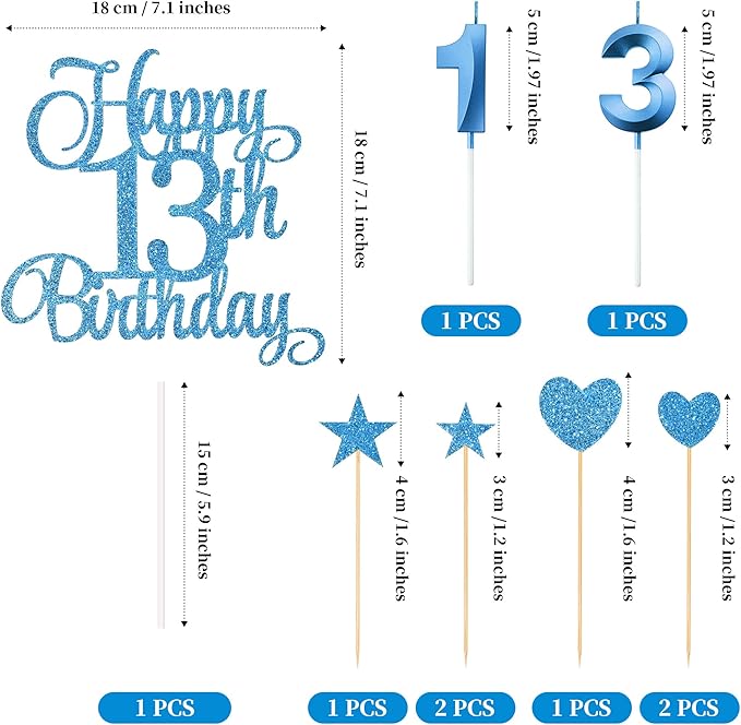 13th Birthday Cake Decorations, 13th Birthday Candles Cake Numeral Candles and Glitter Happy 13th Birthday Cake Toppers Set for Birthday Party Supplies (Blue)