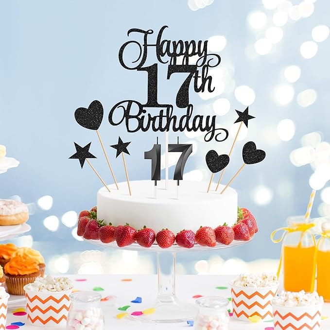 17th Birthday Cake Decorations, 17th Birthday Candles Cake Numeral Candles and Glitter Happy 17th Birthday Cake Toppers Set for Birthday Party Supplies (Black)