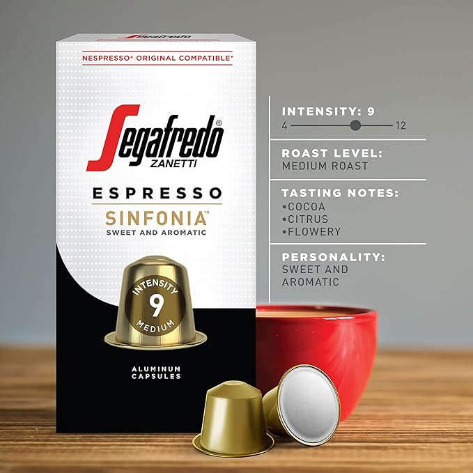 Segafredo Zanetti Espresso Capsules – Aluminum Pods for Nespresso Original Machines – Medium Roast Premium Espresso with a Sweet Aroma – Subtle, Intensity 9 – Sinfonia, 10 Count
