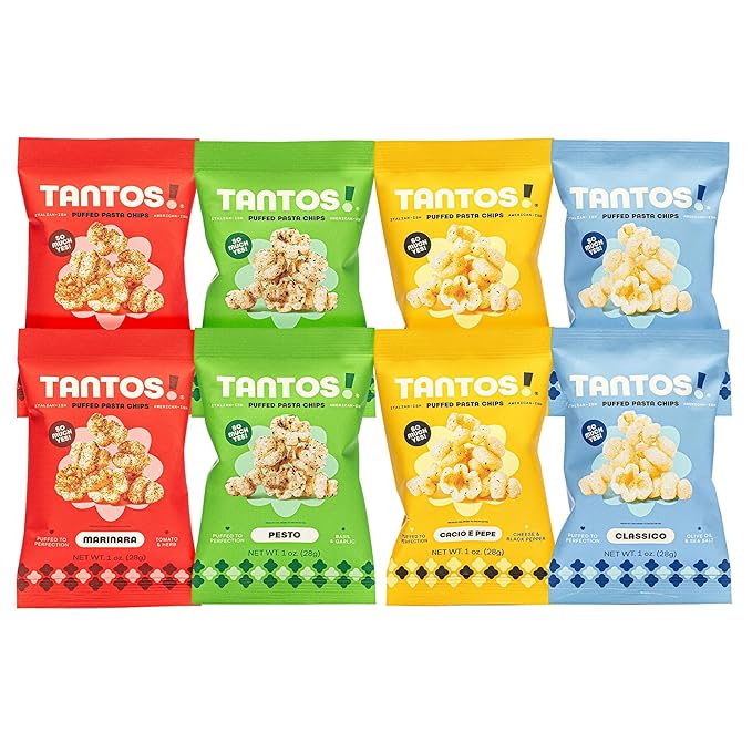 Tantos! Puffed Pasta Chips ??Healthy Pasta Snack by Top Chef Joe Sasto ??Plant-Based, Low Calorie, Crunchy Chips ??Variety Pack ??Marinara, Pesto, Cacio e Pepe, Classico ??Gourmet Bold Flavors ??(1oz-8 Pack (2 of Each Flavor), Variety)