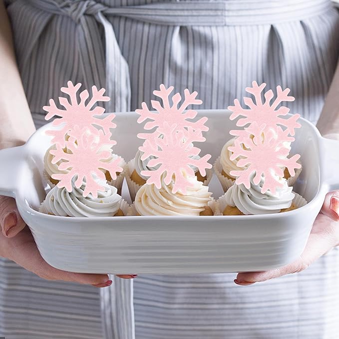 50 PCS Pink Edible Snowflake Cupcake Toppers Edible Snowflakes Cupcake Picks Wafer Paper Frozen Cake Toppers for Christmas Winter Frozen Theme Baby Shower Birthday Party Cake Decorations Supplies