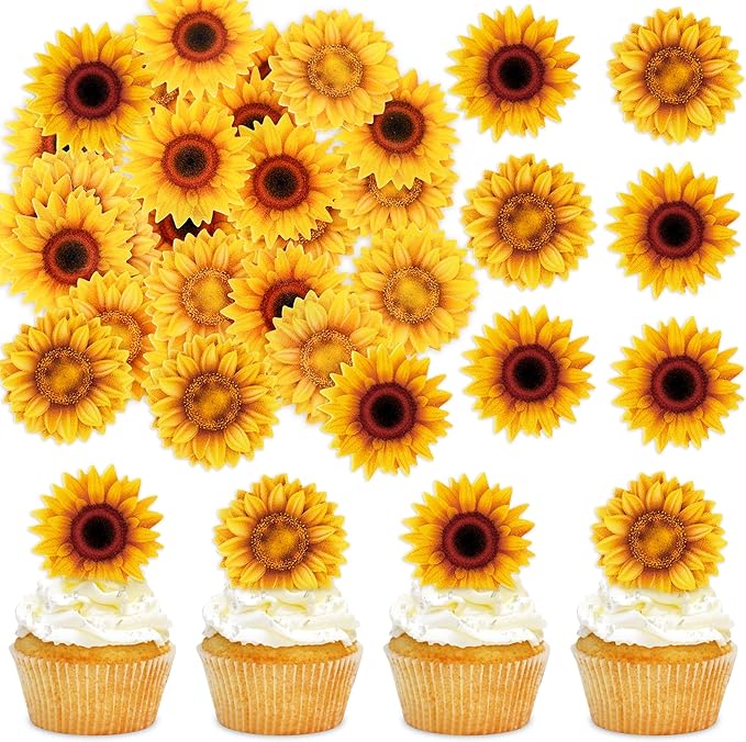 40Pcs Edible Sunflower Cupcake Toppers Wafer Paper Flower Themed Party Birthday Toppers Drink Topper Picks Girl Birthday Theme Cake Decorations for Supplies Anniversary Party Decoration