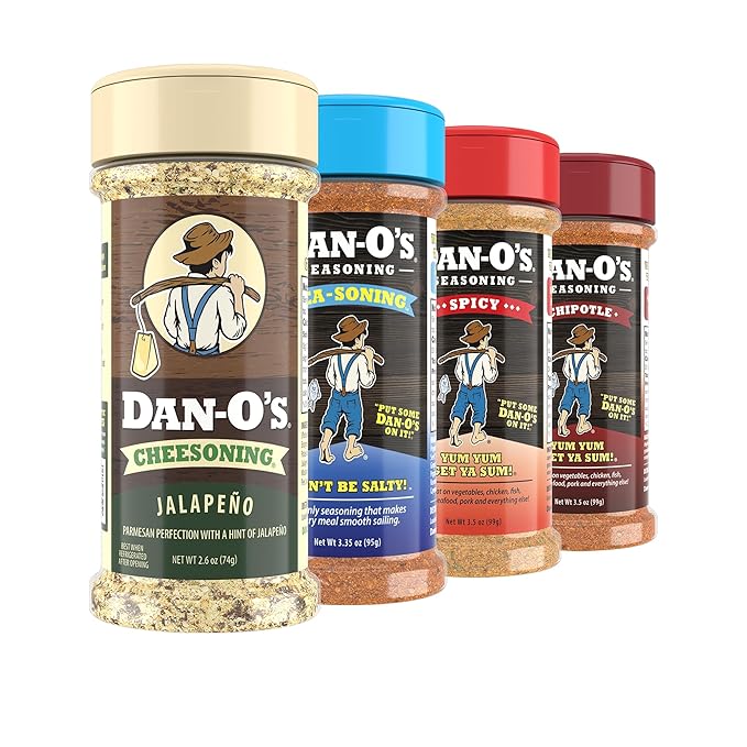 Dan-O's 4 Bottle Seasoning Set, Small Bottles, 4 Pack, Includes Spicy, Chipotle, SEA-soning and Jalapeño Cheesoning Seasonings, Sugar Free, Zero Calorie, Seasoning Kit for Meat, Popcorn or Sauce