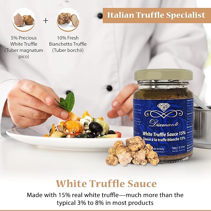 Diamante Italy White Truffle Sauce with High 15% White Truffle Content - Authentic Italian Gourmet White Truffle & Mushroom Sauce - Non GMO, Vegan & Made in Italy - 90g