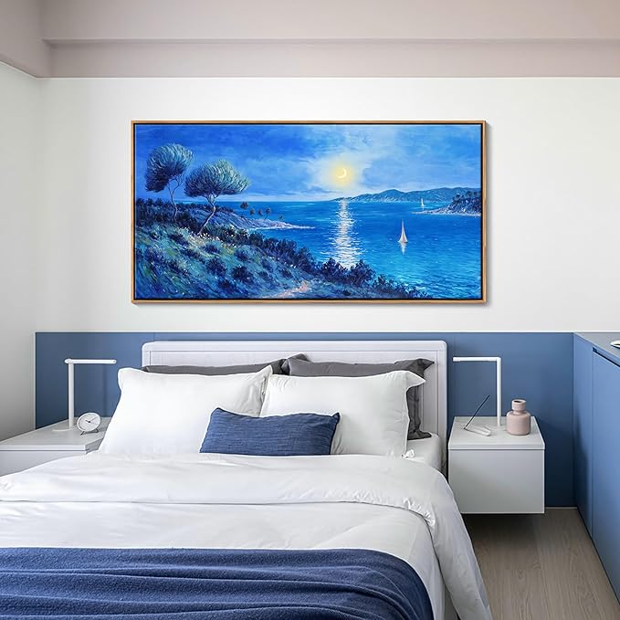 Large Painting Wall Art Blue watercolor Ocean Picture for Living Room Coastal Home Bedroom Decoration sailing boat Framed Artwork Decor 24횞48IN