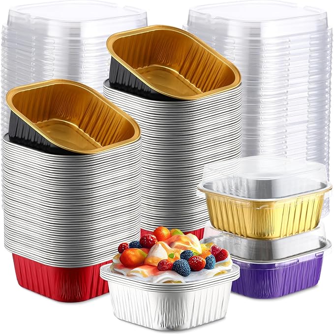 Aoriher 300 Pieces 10 oz Mini Cake Pans with Lids, Aluminum Foil Baking Cups, Square Disposable Cupcake Cups Baking Tins for Wedding Birthday Party Supplies(Multicolor)