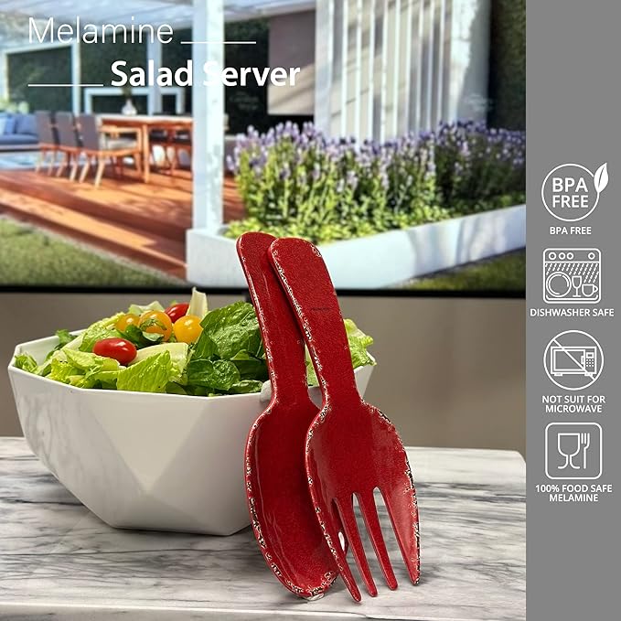UPware Crackle Melamine Salad Servers, Serving Utensil Set, Includes Serving Fork and Spoon for Tossing Salad, Pasta, Red, 10.75 Inch, Set of 2
