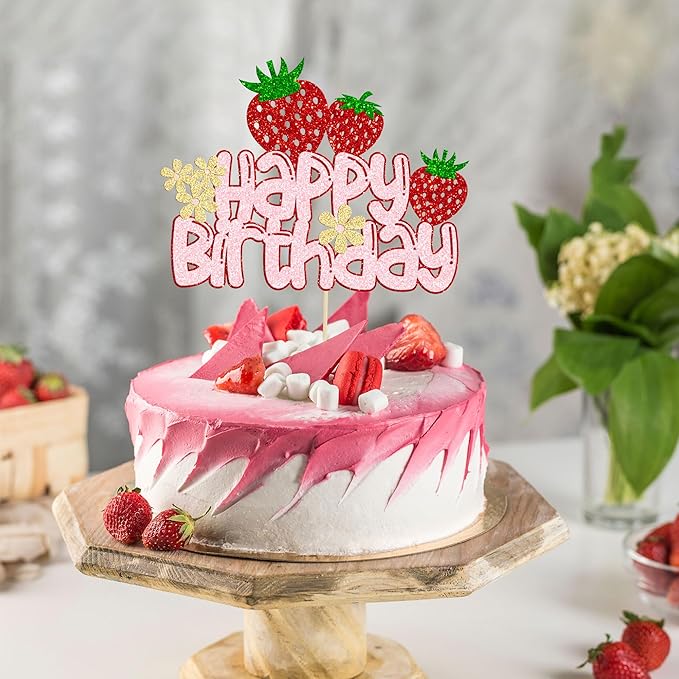 1 Pack Happy Birthday Cake Topper Glitter Strawberry Cake Pick for Fruit Theme Baby Shower Kids Birthday Party Strawberry Fruit Party Cake Decorations Supplies