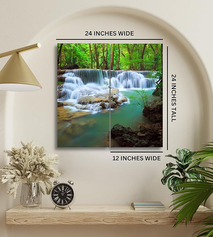 Waterfall Canvas Wall Art Decor - 2 Piece Set, Decorative Multi Panel Split Prints - Forest Landscape Picture for Living Room, Kitchen, Bedroom, Office & Home Decor Gift