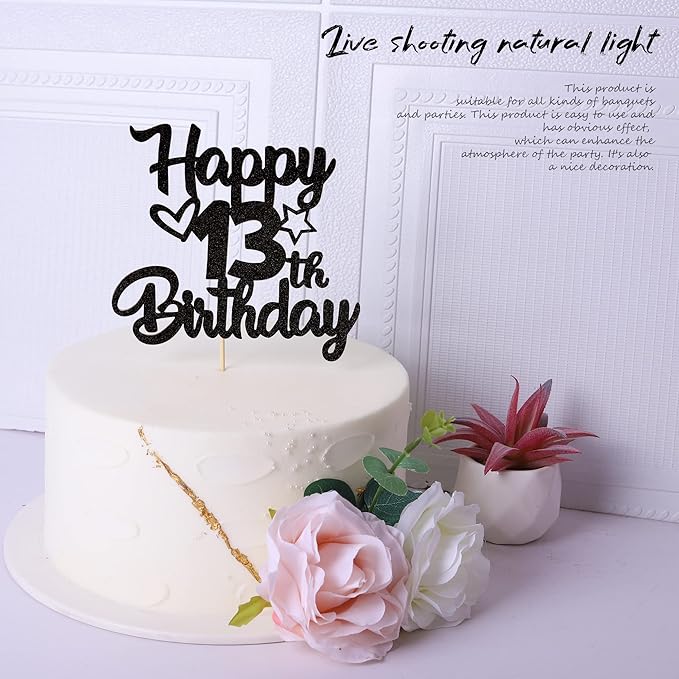 1 Pack Happy 13th Birthday Cake Topper Glitter Heart Star 13 Fabulous Cake Pick Birthday Sign Cake Decorations for Children 13th Birthday Theme Party Supplies Black