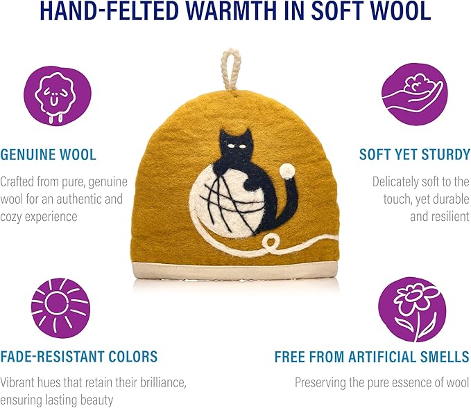 Tea Cozy for Teapot Large - Keep Your Brew Warm and Stylish with This Felted Tea Cosy, Enhancing Flavor and Aesthetics - Fits 6-Cup Teapot & 34oz French Press (Black cat, ocher)
