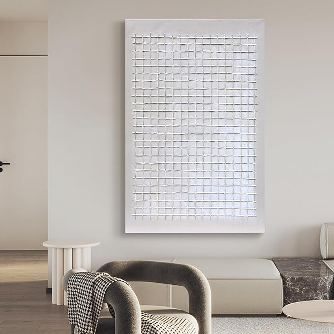 Artaanchuil Thick Texture Abstract Hand-Painted Oil Painting - Large Framed Wall Art 30x45 Inch Grey White Checked Vertical Artwork for Living Room Wall Decor