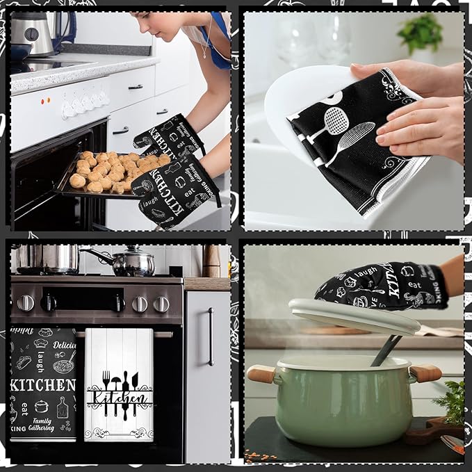 Bencailor 12 Pcs Farmhouse Kitchen Decor Sets, 8 Black Kitchen Dish Towels 2 Pot Holders 2 Oven Mitts Glove, Rustic Hand Towels and Dishcloths Sets for Home Decorations Accessories Christmas Mom Gifts