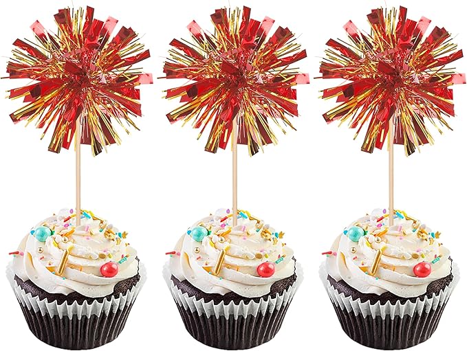 Rsstarxi 30 Pack Foil Firework Cupcake Toppers Sparkle Tinsel Drink Cake Decorations Cocktail Picks for New Years Valentine's Day Birthday Wedding Graduation Party Decorations Gold Red