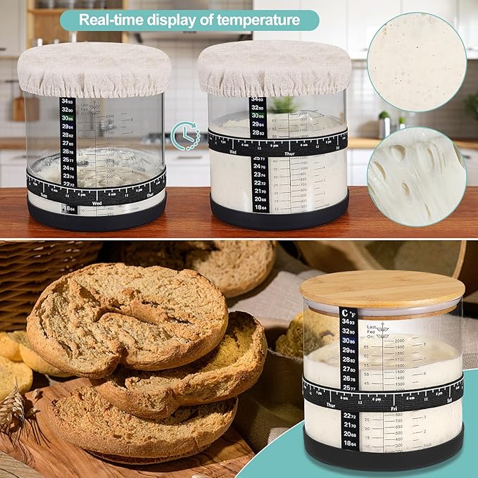 Large Sourdough Starter Jar 66 oz,Sourdough Starter Kit Wide Mouth with Ounce&ML Scale Line,Date Marked Feeding Band, Thermometer, Sourdough Jar Scraper, Cloth Cover & Bamboo Wood Lid (BLACK-66OZ/2L)