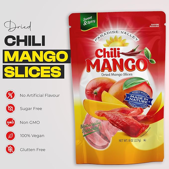 Dried Mango Slices - Delicious Texture Soft & Juicy Low Sugar Added Dried Mango - Naturally Ripened Mangos Dried Fruits - Gluten Free Dry Mangoes Natural Source of Vitamin C, Fiber, (8 oz chili 6 Pack)