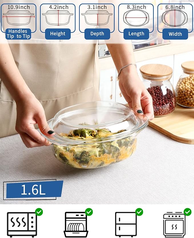 1.8 QT Oval Glass Casserole Dish With Lid, Glass Microwave Casserole Dishes Easy Grab Glass Bakeware with Glass Lid, Glass Dish with Glass Lid