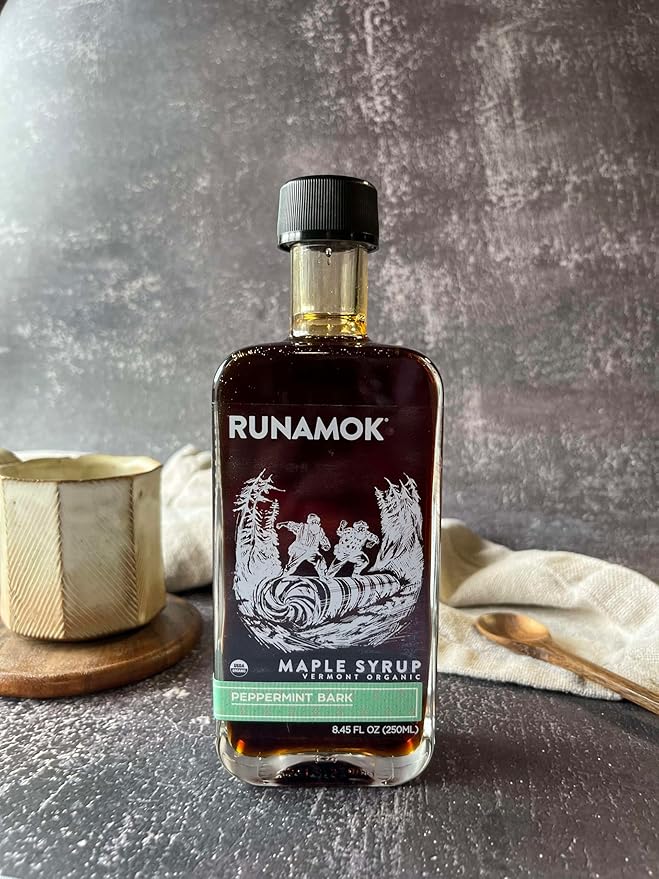 Runamok Maple Peppermint Bark Infused Maple Syrup - Authentic & Real Vermont Maple Syrup | Gluten Free & Natural Sweetener | Great Christmas Holiday Gift for Foodies! Breakfast, Coffee, Pancakes Maple Syrup | 8.45 Fl Oz (250mL)