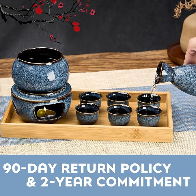 DUJUST 10 pcs Japanese Sake Set with Warmer for 6, Kiln Altered Glaze Porcelain Sake Set, 6 Sake Cups, 1 Sake Bottle, 1 Warmer, 1 Candle Stove, 1 Tray & 1 Box, Warm Sake Carafe, Japanese Gifts - Blue