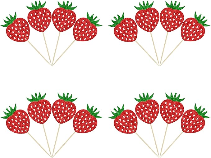 24Pcs Strawberry Cupcake Toppers Red Glitter Fruit Theme Strawberry Cupcake Pick Decorations for Summer Sweet Fruit Baby Shower Kids Birthday Party Cake Decorations Supplies