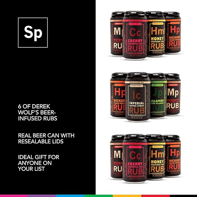 Spiceology ??Derek Wolf Beer-Infused BBQ Rub Set ??Cherry Chipotle Ale, Honey Mustard IPA, Hickory Peach Porter, Imperial Coffee Stout, Jalapeño Lime Pilsner & Mesquite Peppercorn Lager ??6 Pack