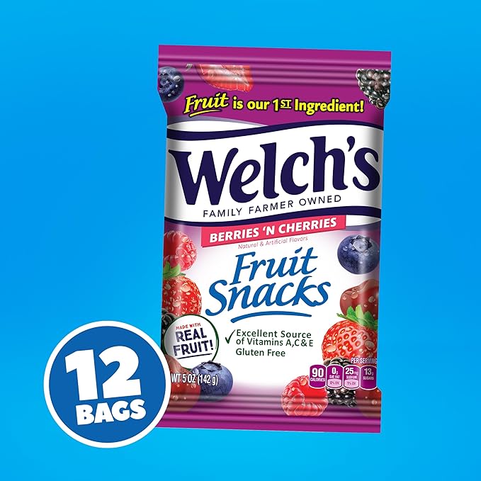 Welch's Fruit Snacks, Berries 'N Cherries Snack Box, Gluten Free, 5oz Snack Packs (Pack of 12)