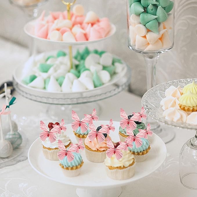 72PCS Edible Butterfly Cupcake Toppers Butterfly Cupcake Picks Edible Butterfly Cupcake Decorations for Butterfly Theme Baby Shower Kids Birthday Party Cake Decorations Supplies Pink