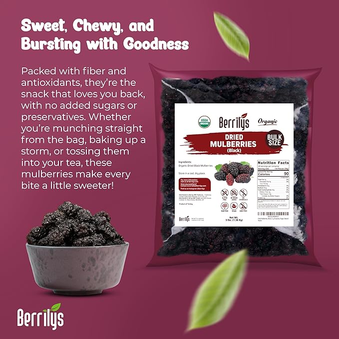 Dried Mulberries, Black, Organic, Berrilys, 3 LB, Dried Mulberry, Non-GMO, Unsulfured, Raw, Healthy Snacking, Great Ingredient for Baking Purposes, Vegan, Natural
