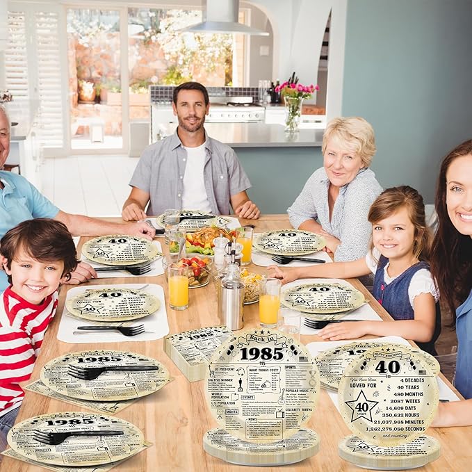 96Pcs 40th Birthday Plates and Napkins Back in 1985 Party Decorations Vintage 40 Year Old Dessert Plates 1985 Birthday Cheers to 40 Years Theme Tableware Set for 24 Guests Men Women Party Supplies