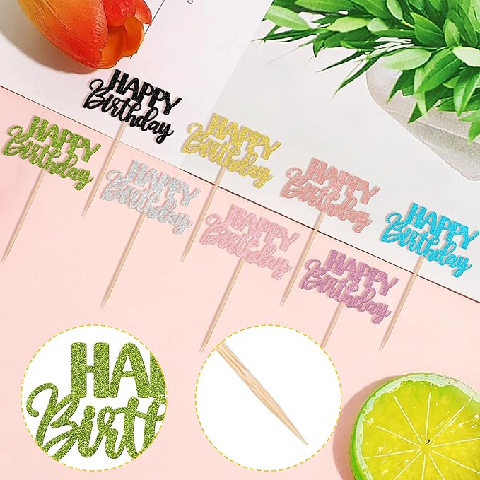 32 PCS Happy Birthday Cupcake Toppers Glitter Happy Birthday Cupcake Picks for Celebrating Birthday Anniversary Theme Party Cake Decorations Supplies Mixed 8 Colors