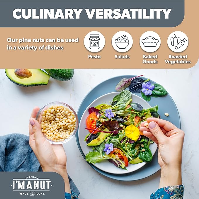 Premium Raw Pine Nuts 32oz (2 lbs.) Non-GMO, No Additives Batch Tested Gluten & Peanut Free, Resealable Pouch for Freshness, Unsalted Pine Nuts - Perfect for Pesto, Salads, Gourmet Cooking and Baking