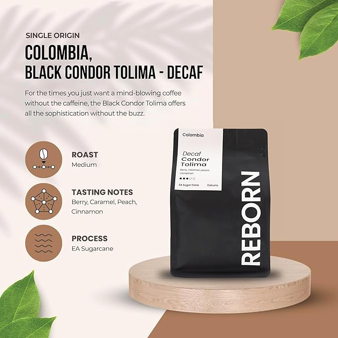 Reborn Coffee Specialty Whole Bean Decaf Coffee, Medium Roast, 12 Ounce, Colombia Condor Tolima, Flavor Notes of Berry, Caramel, Peach, and Cinnamon