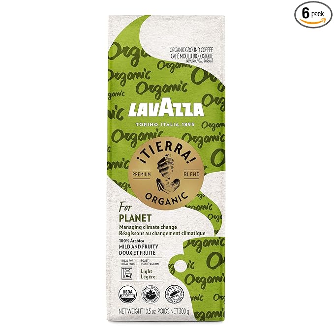 Lavazza 징Tierra! Organic Planet Ground Coffee Light Roast, 10.5 Oz Authentic Italian, Value Pack, Blended And Roated in Italy, 100% USDA Organic Arabica coffees (Pack of 6)