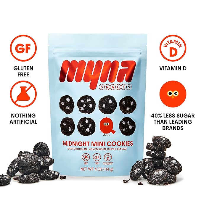 Myna Snacks Midnight Mini Snacking Cookies - Seed Oil Free Snacks - Gluten and Dairy Free Snack - Chocolate Cookies w/White Chips - Healthy Dessert - Sweet Cookie Bites, 8oz (Pack of Two, 4oz Bags)