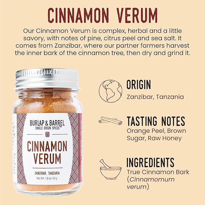 Burlap & Barrel Cinnamon Verum - Ground Ceylon Cinnamon Powder with Pine, Citrus Peel, and Sea Salt Notes - As Seen On Shark Tank - 1.8oz Glass Jar