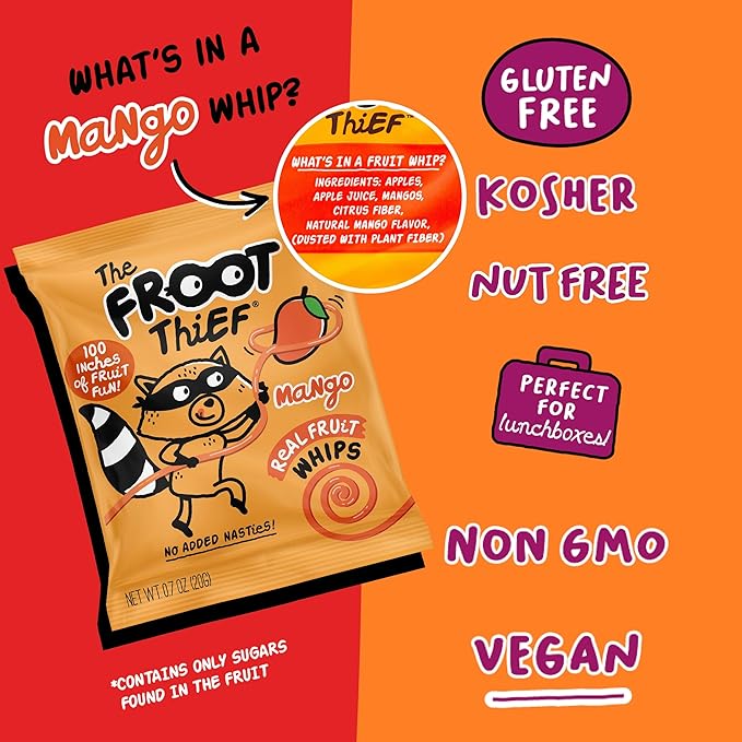 The FROOT Thief Real Fruit Snack Whips, Mango, Nut Free, Perfect for School Lunches and Snacks, Individual Bags Kids Snacks, 24 Pack