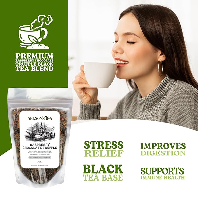 Nelson's Tea Raspberry Chocolate Truffle - Loose Leaf Black Tea with Raspberry Leaf, Rooibos, Truffle Essence, Carob Beans, Hibiscus & Chocolate Chips, Infused with Natural Flavors - 16 oz.