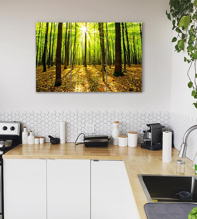 Forest Wall Art Decor - 3 Piece Set, Decorative Framed Green Tree Canvas Art Multi Panel Split Prints for Living Room, Kitchen, Bedroom, Office & Home Decor Gift