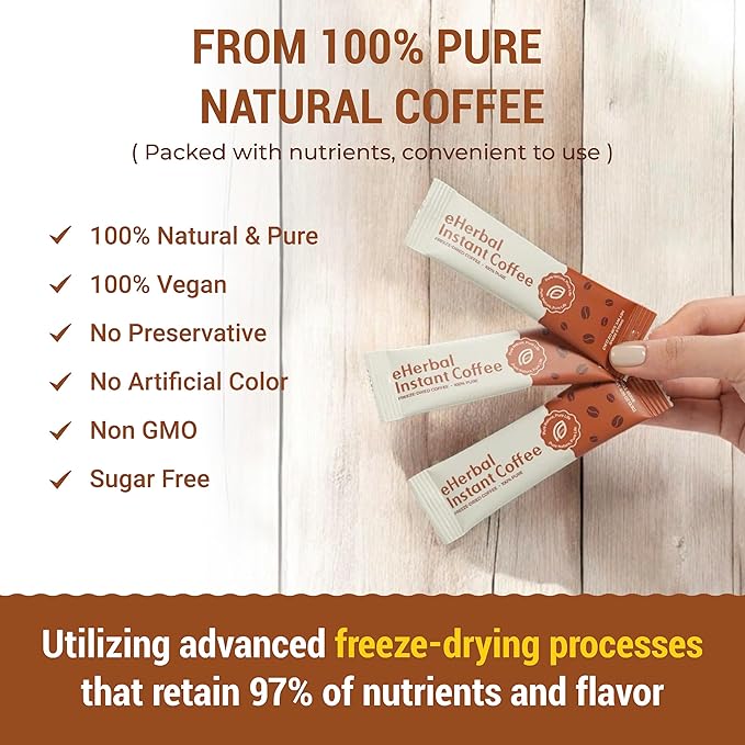 eHerbal Vegan Calming Instant Coffee Powder, plant base freezed dried Cold Brew 20 Packs | Smooth & Bold Vietnamese Robusta Coffee | Non-GMO, Vegan, Keto-Friendly, Low Acid (2.5g/stick)