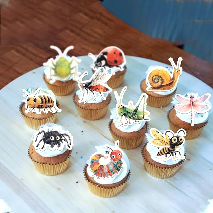 Rsstarxi 60 Pack Edible Insects Cupcake Toppers Rice Paper Dragonfly Ladybird Bee Cupcake Picks for Baby Shower Kids Birthday Party Cake Decorations Supplies