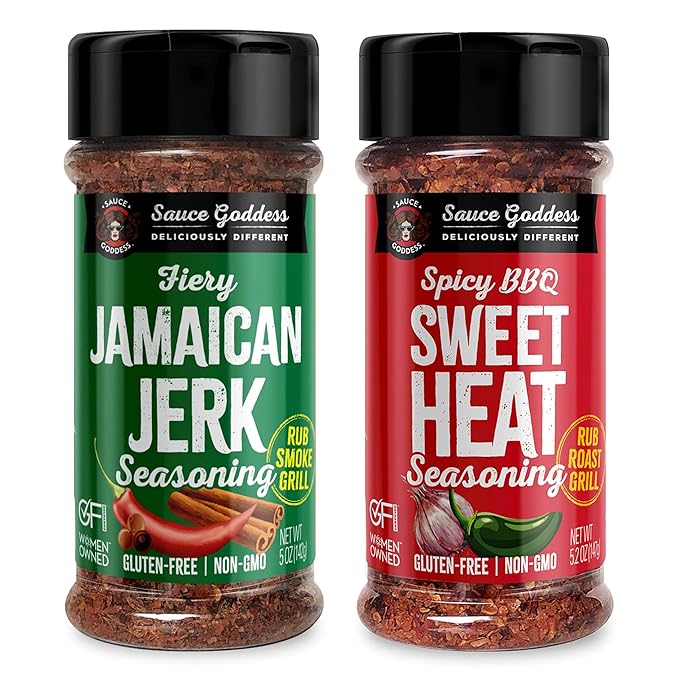 Sauce Goddess - Spicy BBQ Sweet Heat & Fiery Jamaican Jerk Duo Premium Spices, No MSG, No Additives, Plant-Based, Shakers for Meat & Veggies - 2-Pack